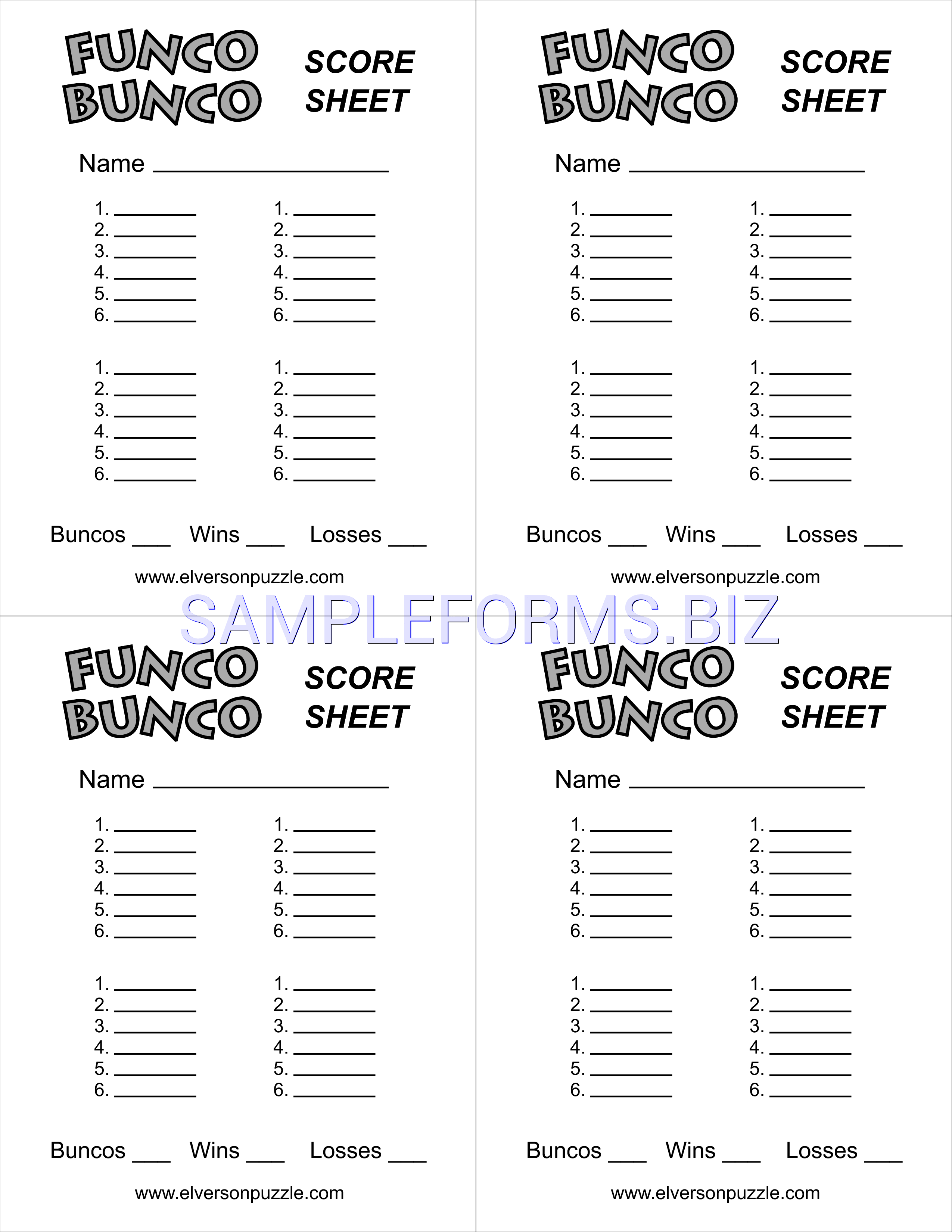 Preview free downloadable Bunco Score Sheets in PDF (page 1)